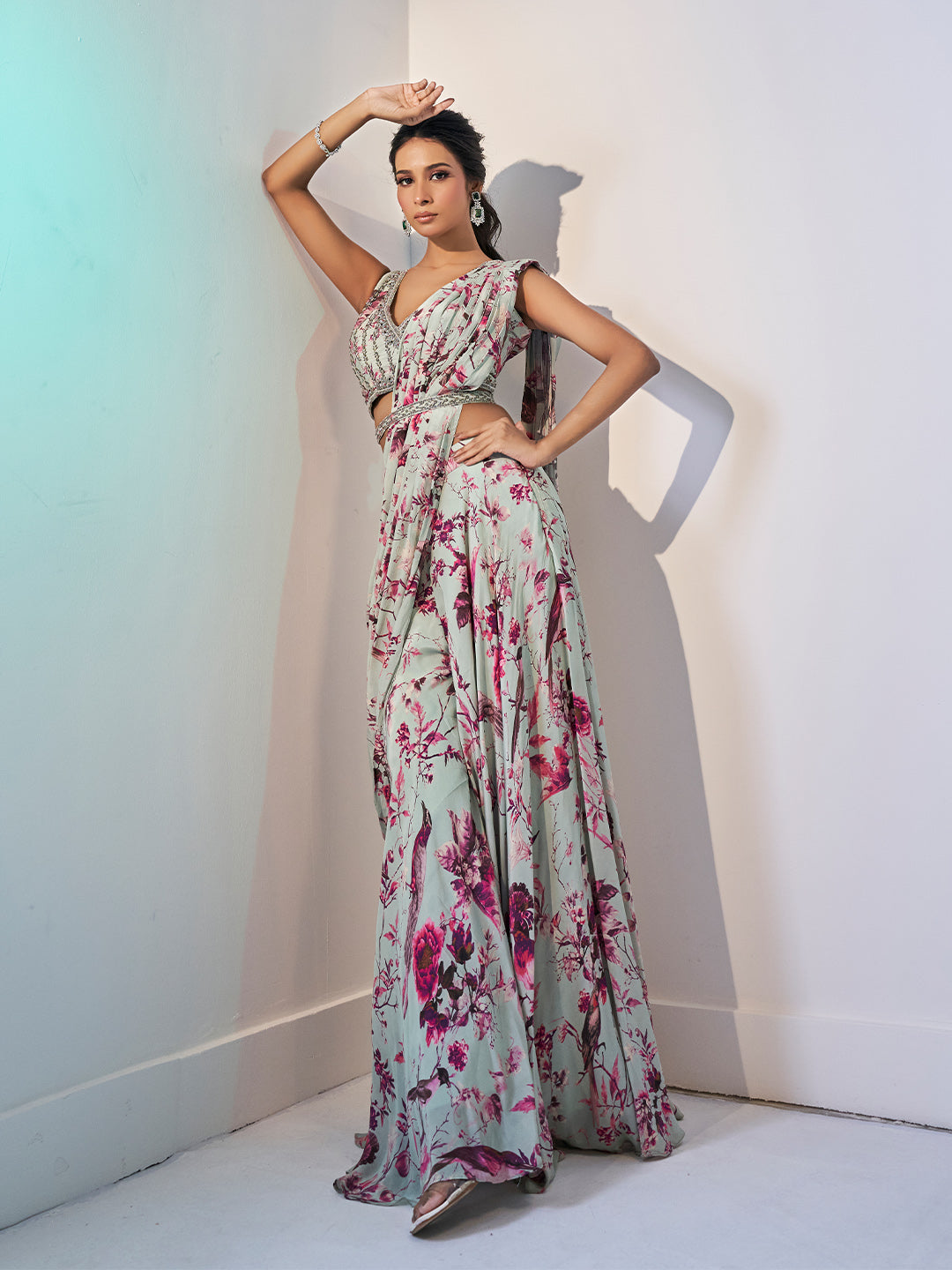 Multicolour Draped Crepe Saree