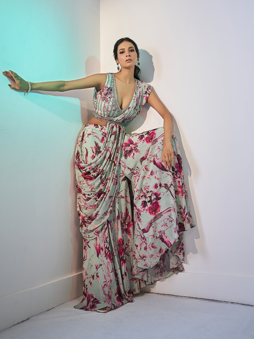 Multicolour Draped Crepe Saree