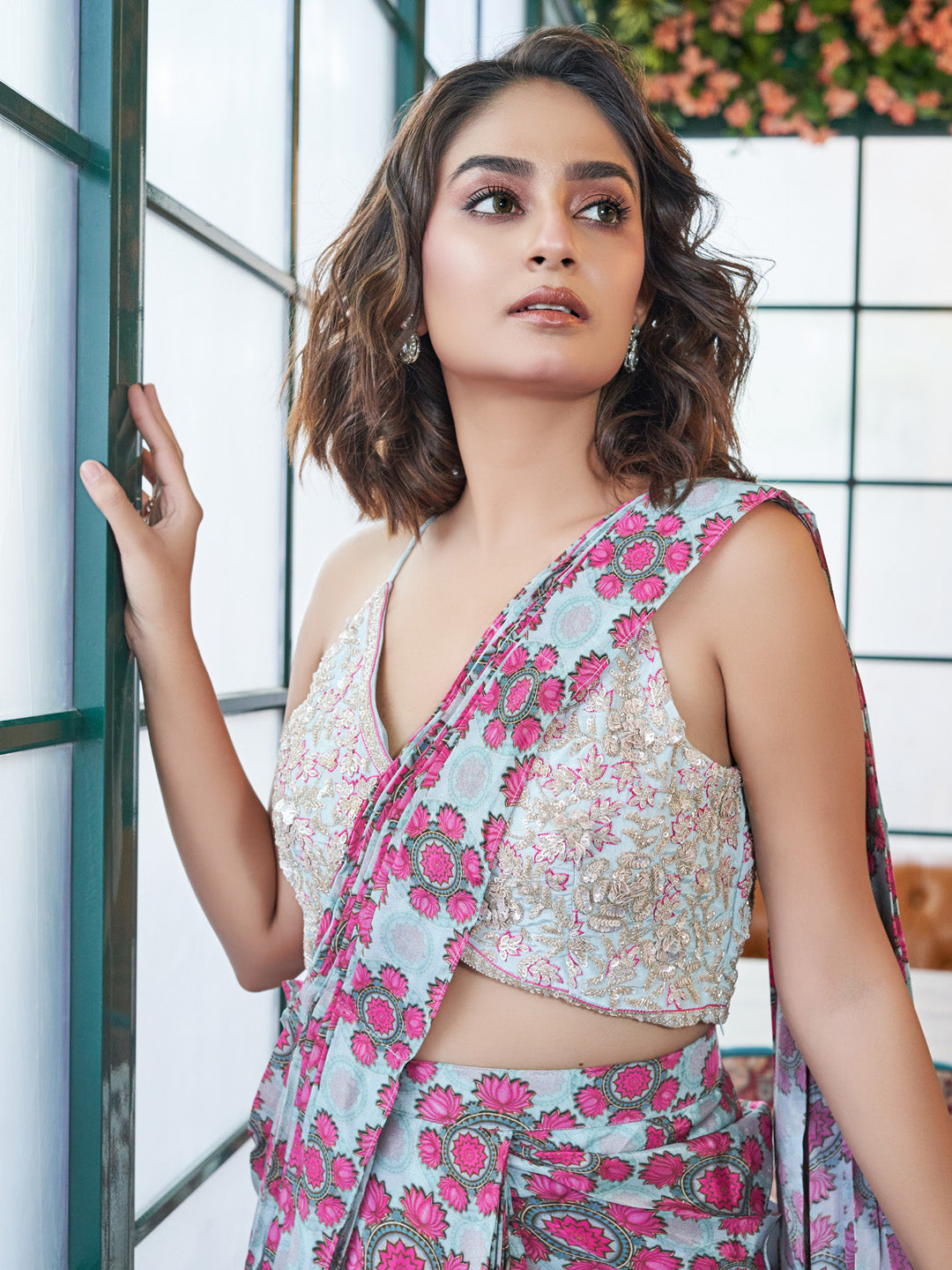 Pink and Grey Crepe Saree with Beadwork Blouse