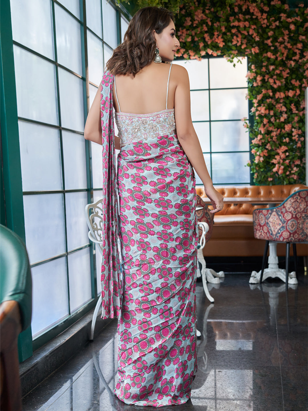 Pink and Grey Crepe Saree with Beadwork Blouse