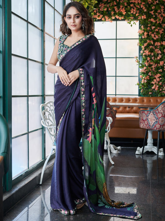 Indigo Chinon Crepe Saree Set