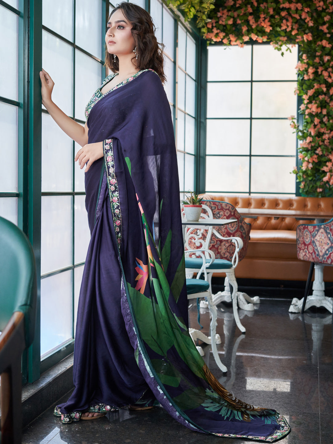 Indigo Chinon Crepe Saree Set