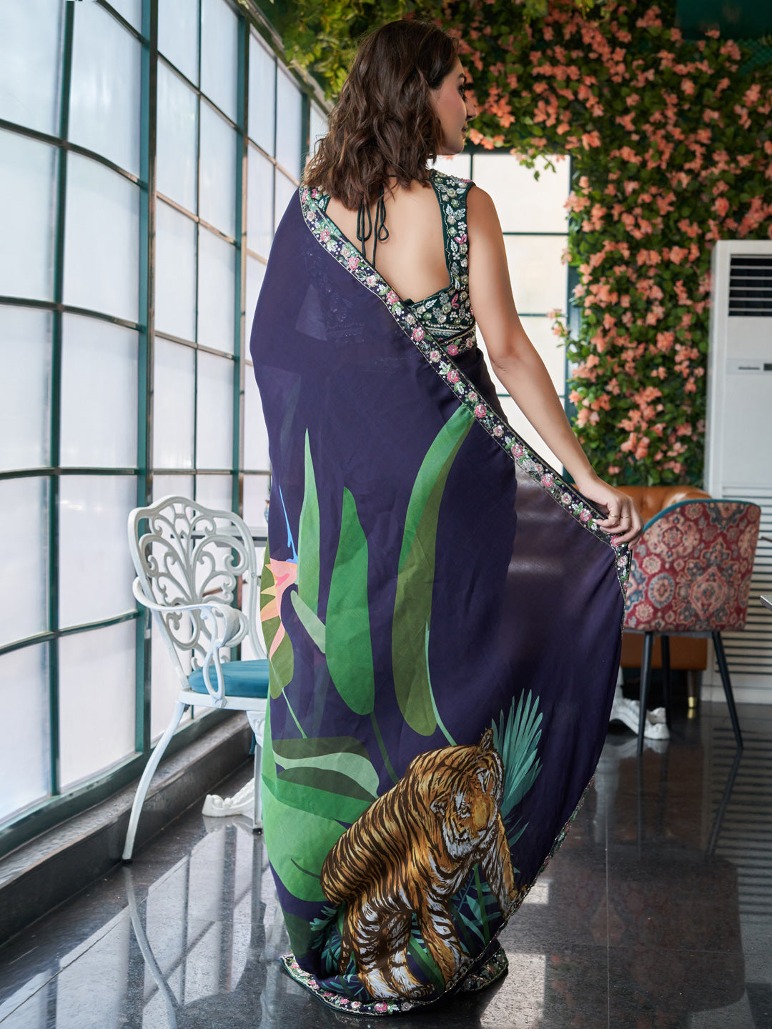 Indigo Chinon Crepe Saree Set