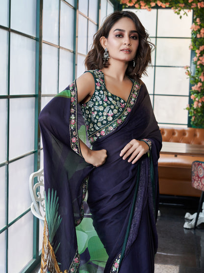 Indigo Chinon Crepe Saree Set