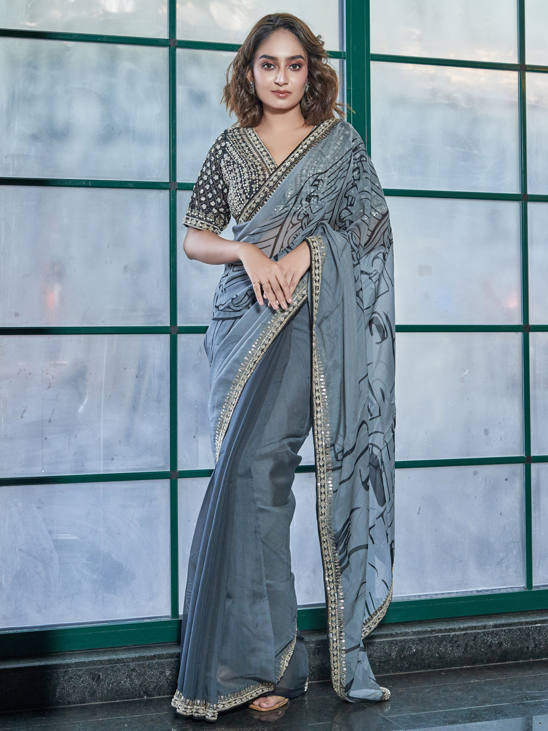 Grey Chinon Crepe Saree Set