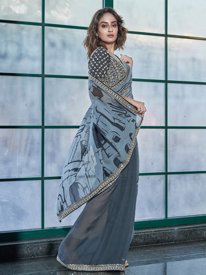 Grey Chinon Crepe Saree Set