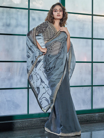 Grey Chinon Crepe Saree Set