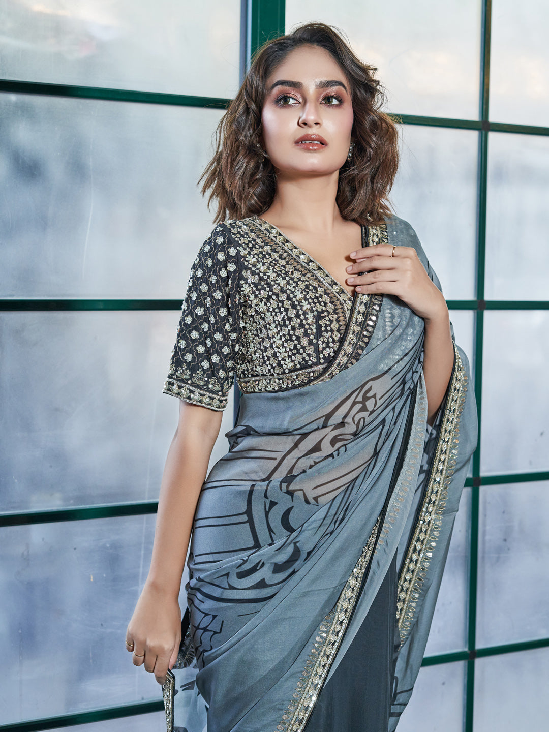 Grey Chinon Crepe Saree Set