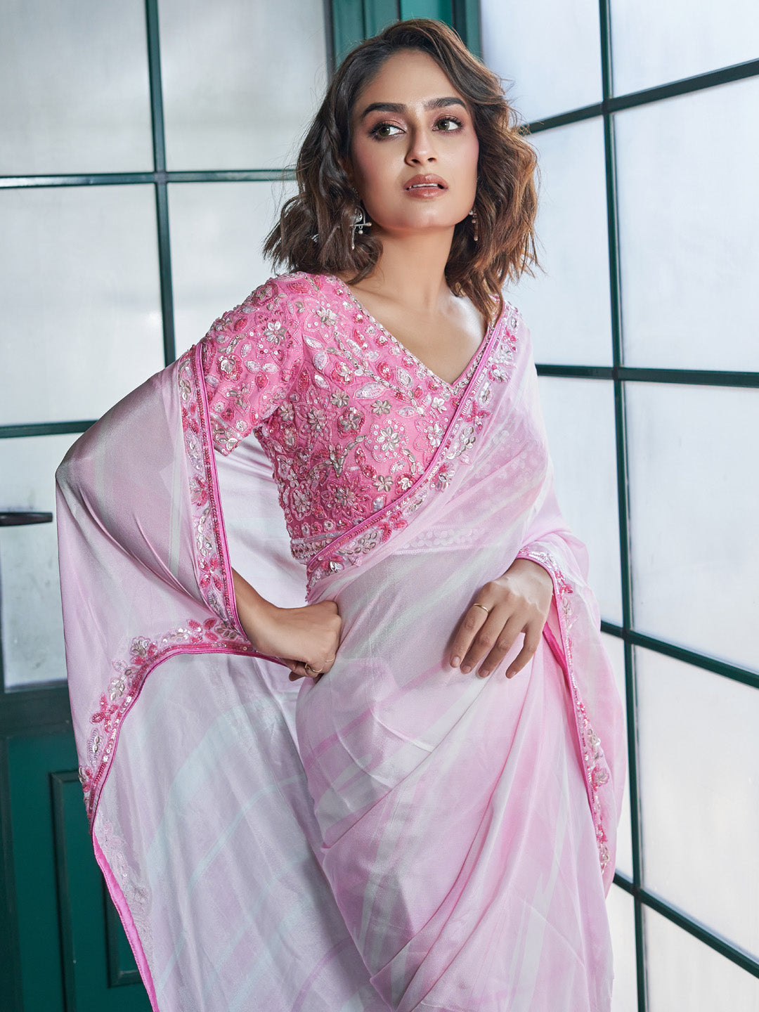 Pink Chinon Crepe Saree Set