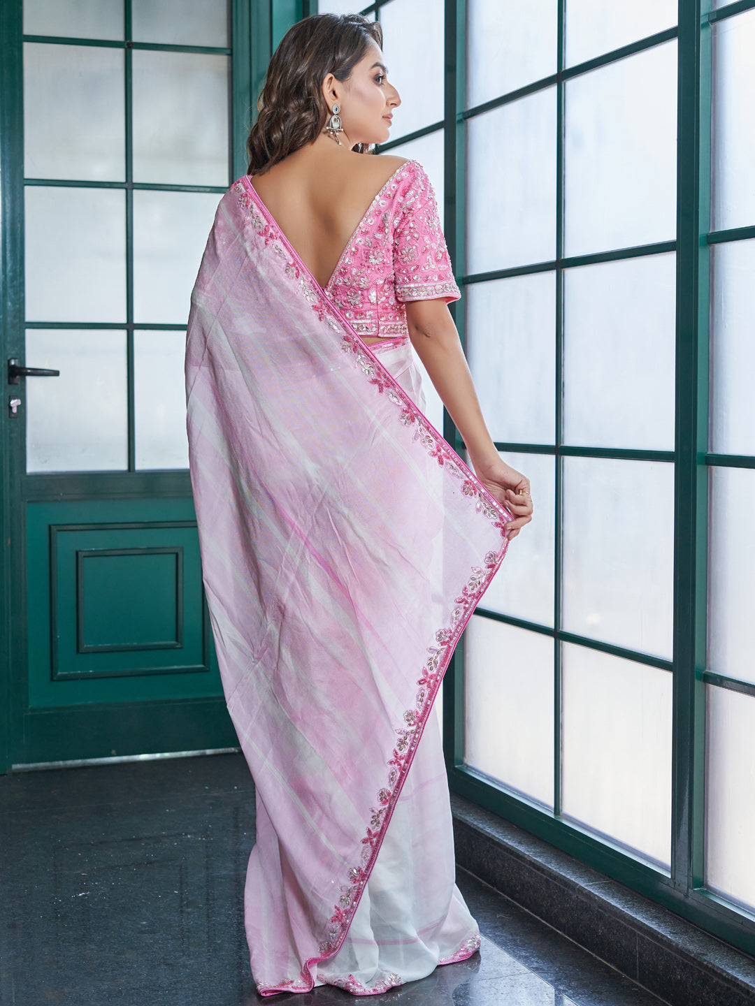 Pink Chinon Crepe Saree Set