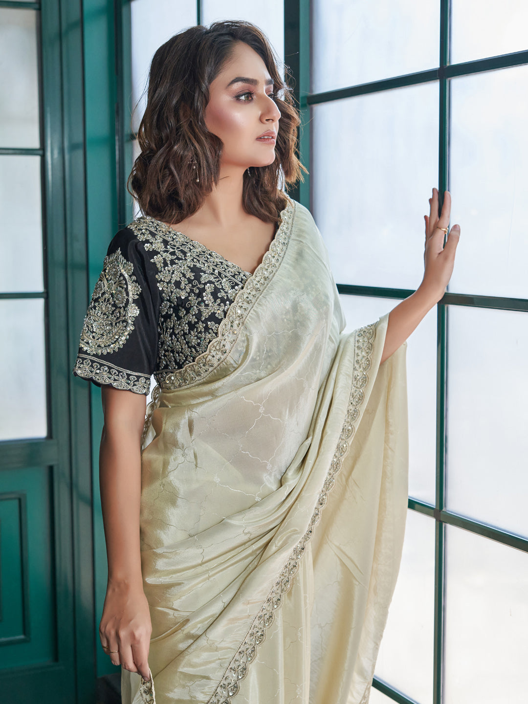 Beige Tissue Silk Saree Set