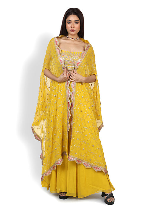 Casual Palazzo set with cape In Yellow Color