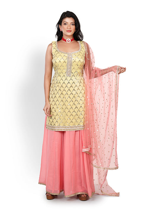 Casual Sharara In Lemon Yellow and Pink Color