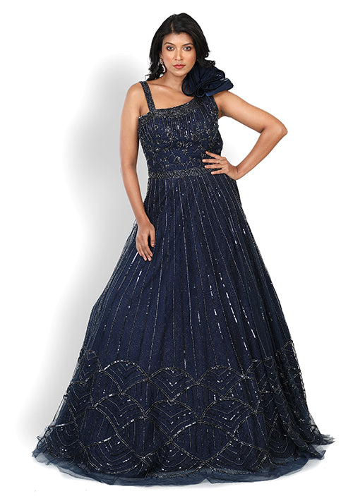 Casual Gown In Mid-night Blue Color