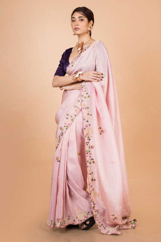 Party Wear Designer Saree In Baby Pink Color