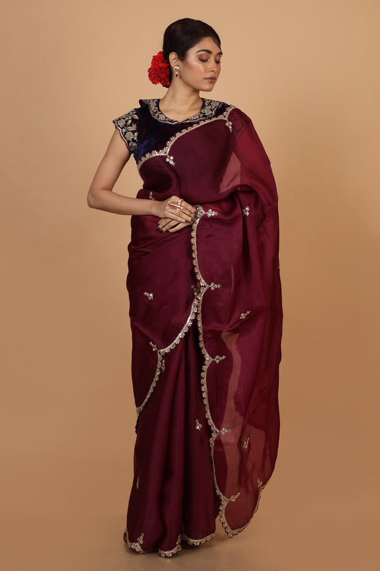 Party Wear Designer Saree In Wine Color