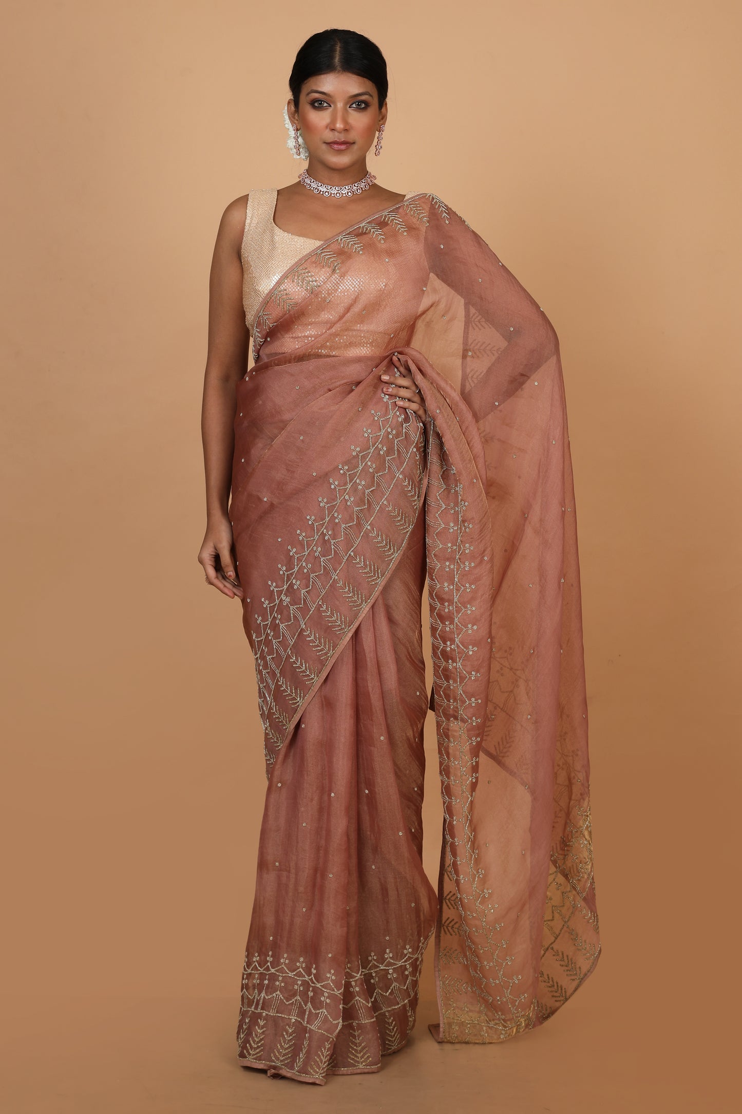 Party Wear Designer Saree In Peach Colour