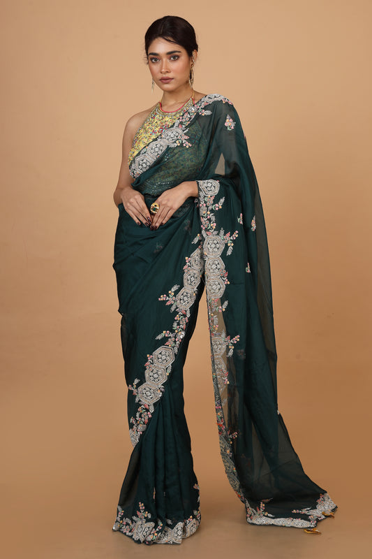 Party Wear Designer Saree In Dark Green Color