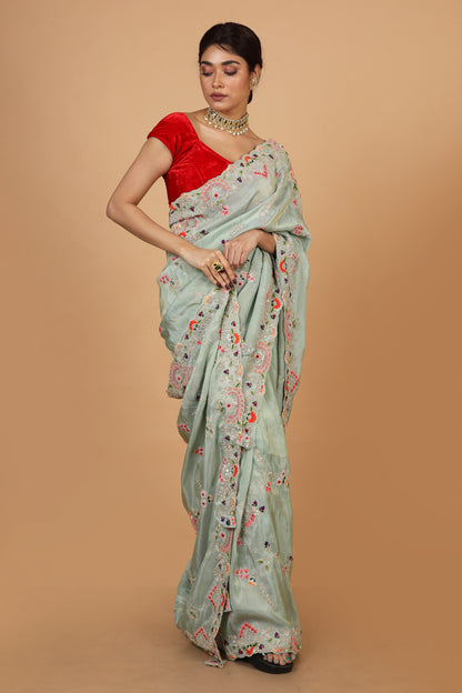 Party Wear Designer Saree In Smoke Grey Color