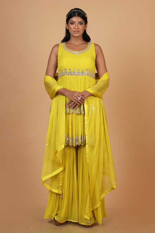 Party Wear Sharara Set In Yellow Color