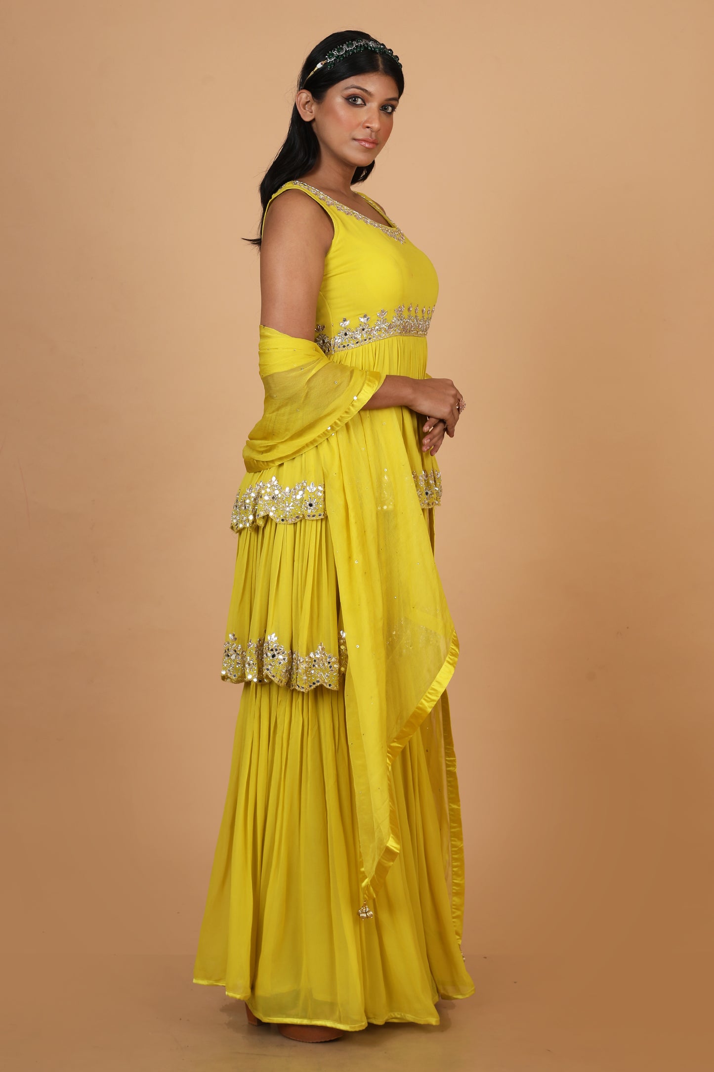 Party Wear Sharara Set In Yellow Color