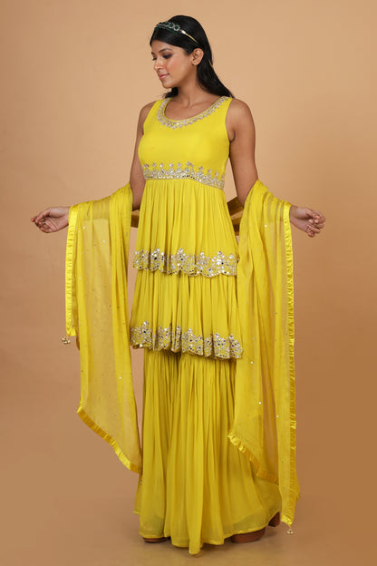 Party Wear Sharara Set In Yellow Color