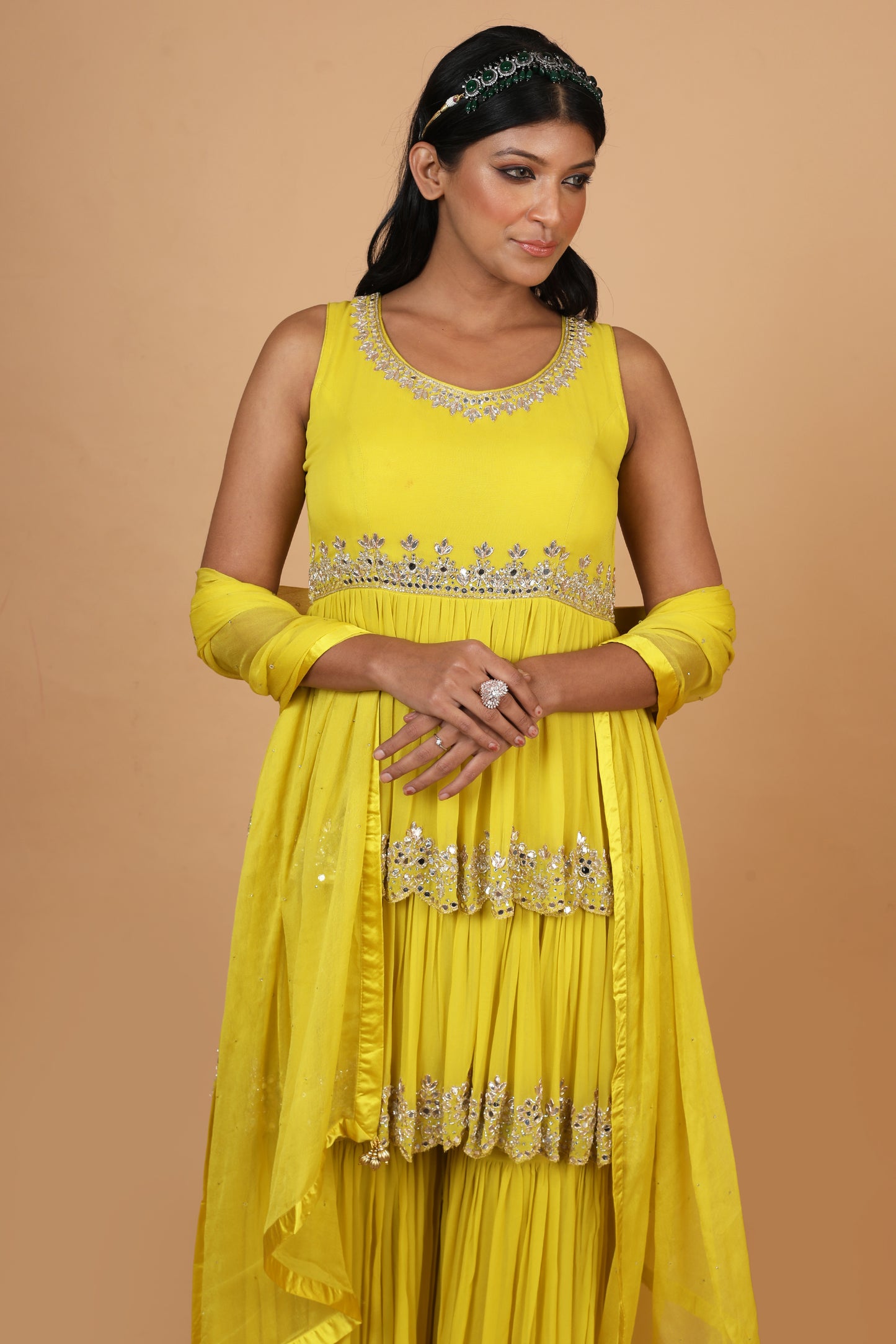 Party Wear Sharara Set In Yellow Color