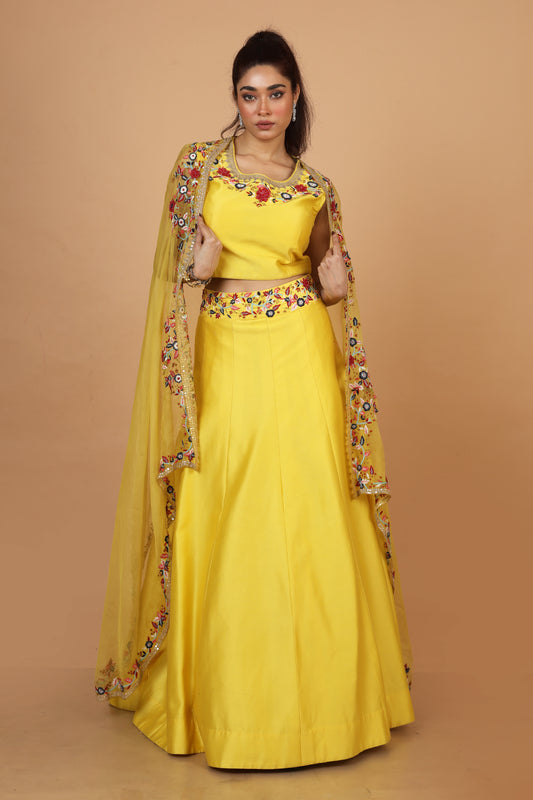 Party Wear Lehenga with Cape In Yellow Colour