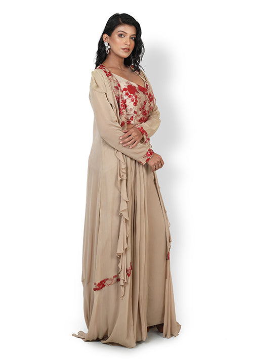 Casual Plazzo Set with Cape In Beige Color