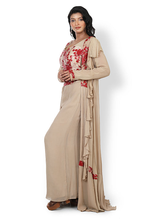 Casual Plazzo Set with Cape In Beige Color