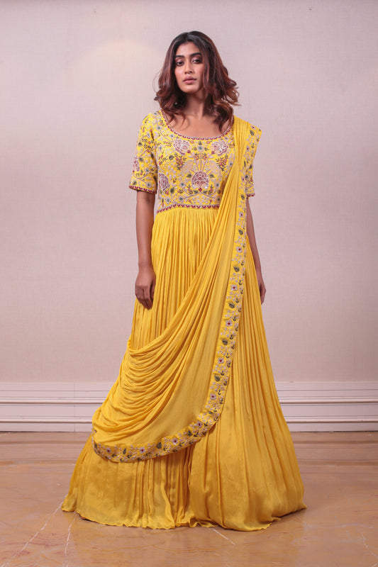 Designer Yellow color Hand Embroidered Gown