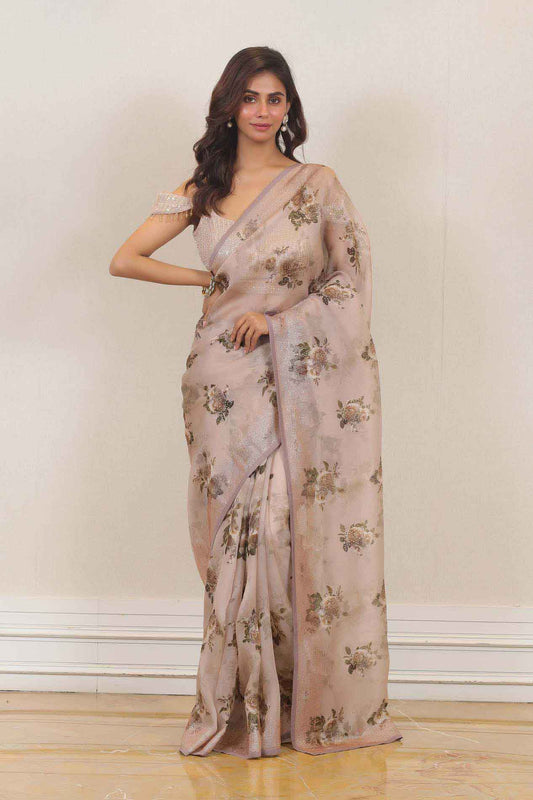 Party Wear Organza Saree in Beige color at online Simaaya