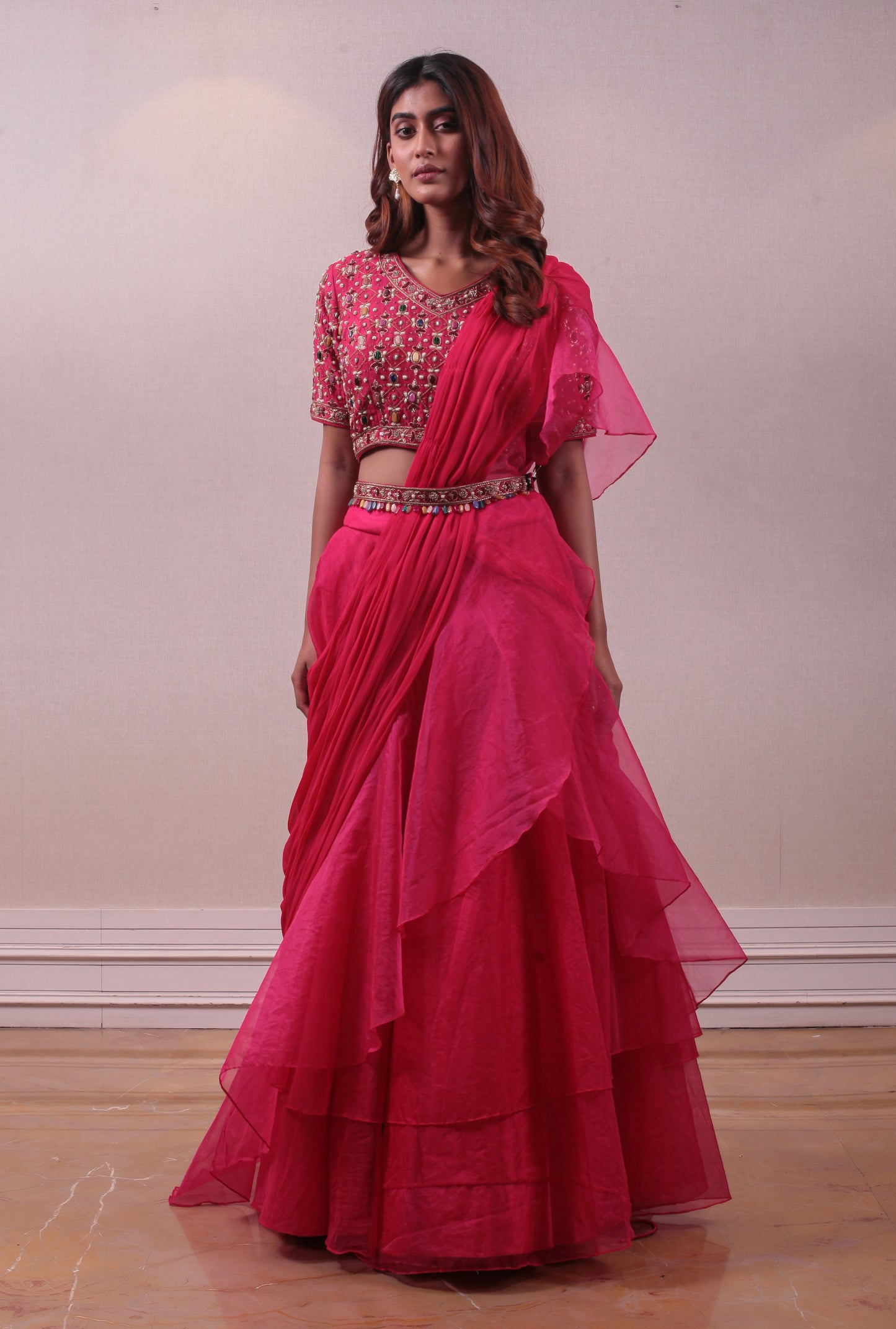 Fuchsia Pink Designer Drape Lehenga