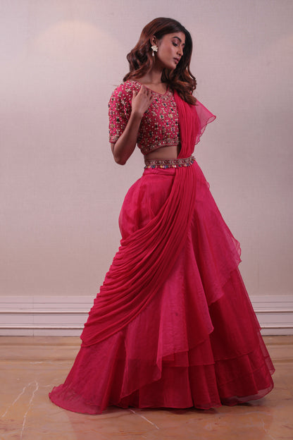 Fuchsia Pink Designer Drape Lehenga