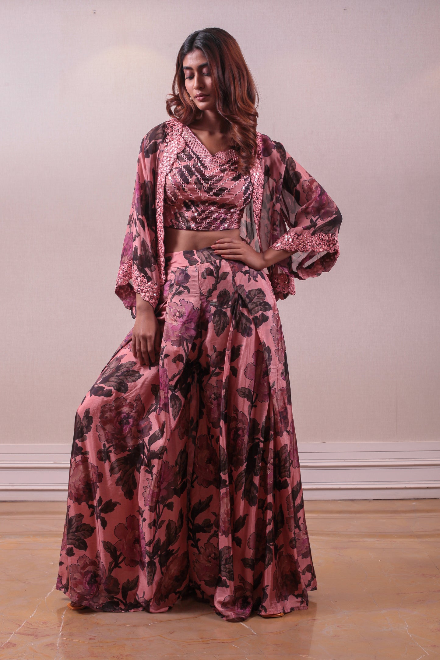 Pink Printed Designer Jacket & Palazzo Set