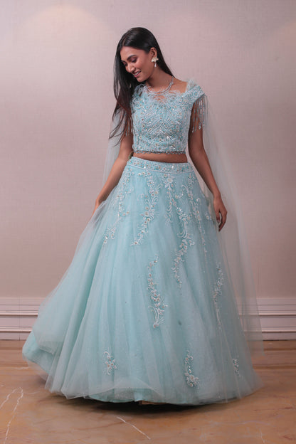 Designer Sky Blue Net Embllished Cape Gown