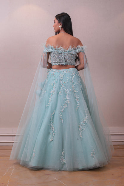 Designer Sky Blue Net Embllished Cape Gown