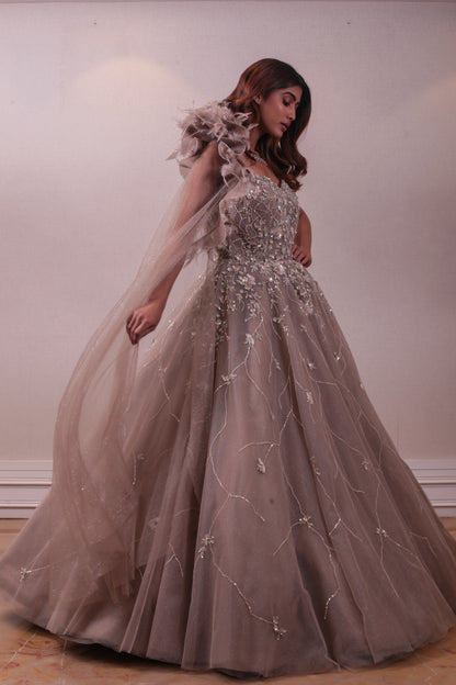 Designer Cape Emellished Pastel Brown Bridal Ball Gown