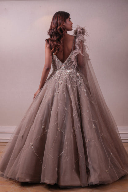 Designer Cape Emellished Pastel Brown Bridal Ball Gown