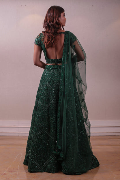 Designer Green Lehenga With Net Embedded Dupatta