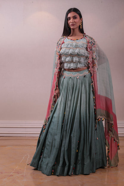 Designer Ruffle Sea Blue Cape Emellished Lehenga