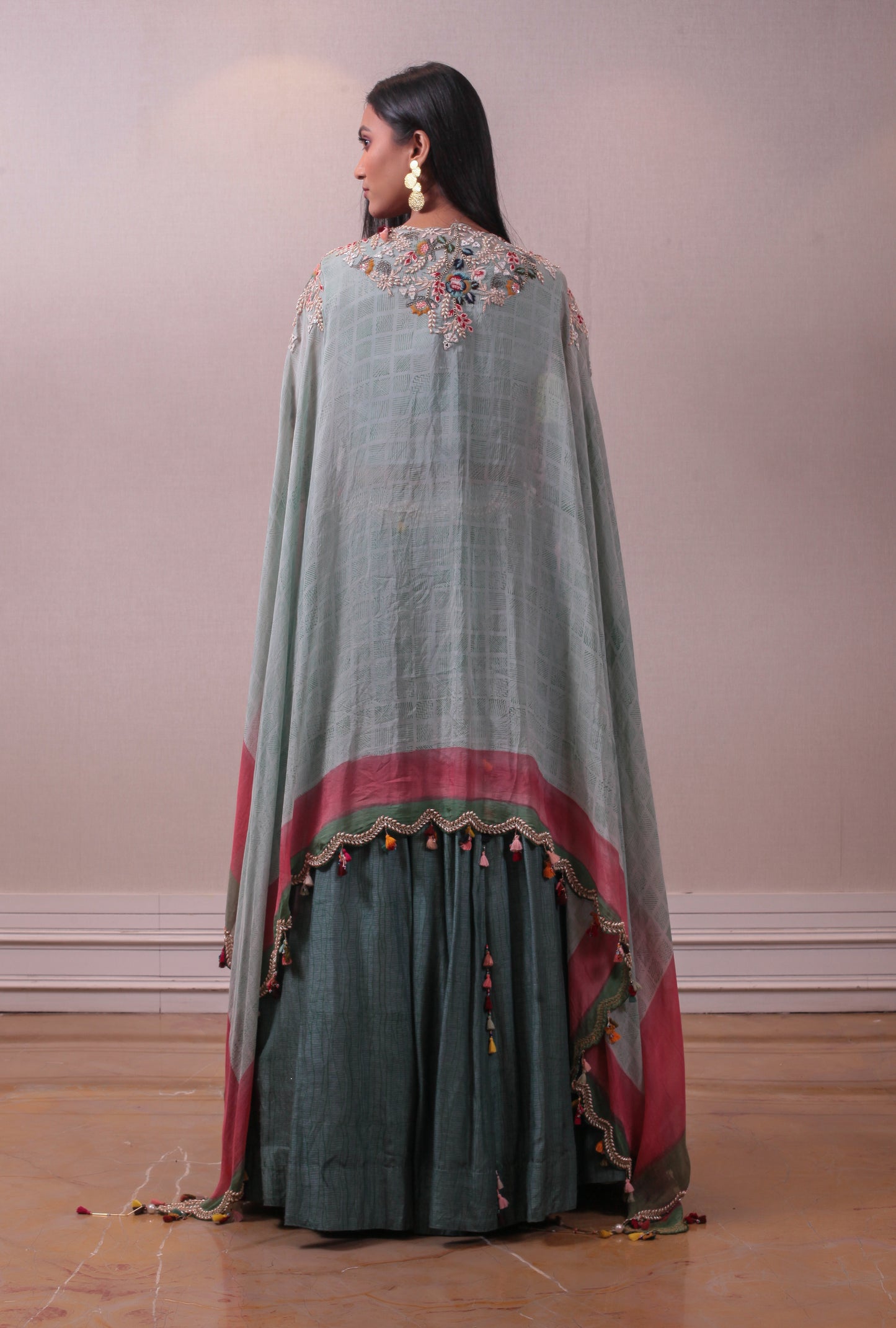 Designer Ruffle Sea Blue Cape Emellished Lehenga