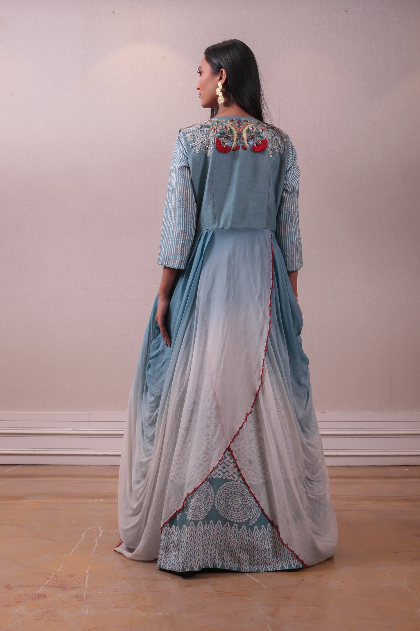 Designer Sky Blue Dress with Long Jacket