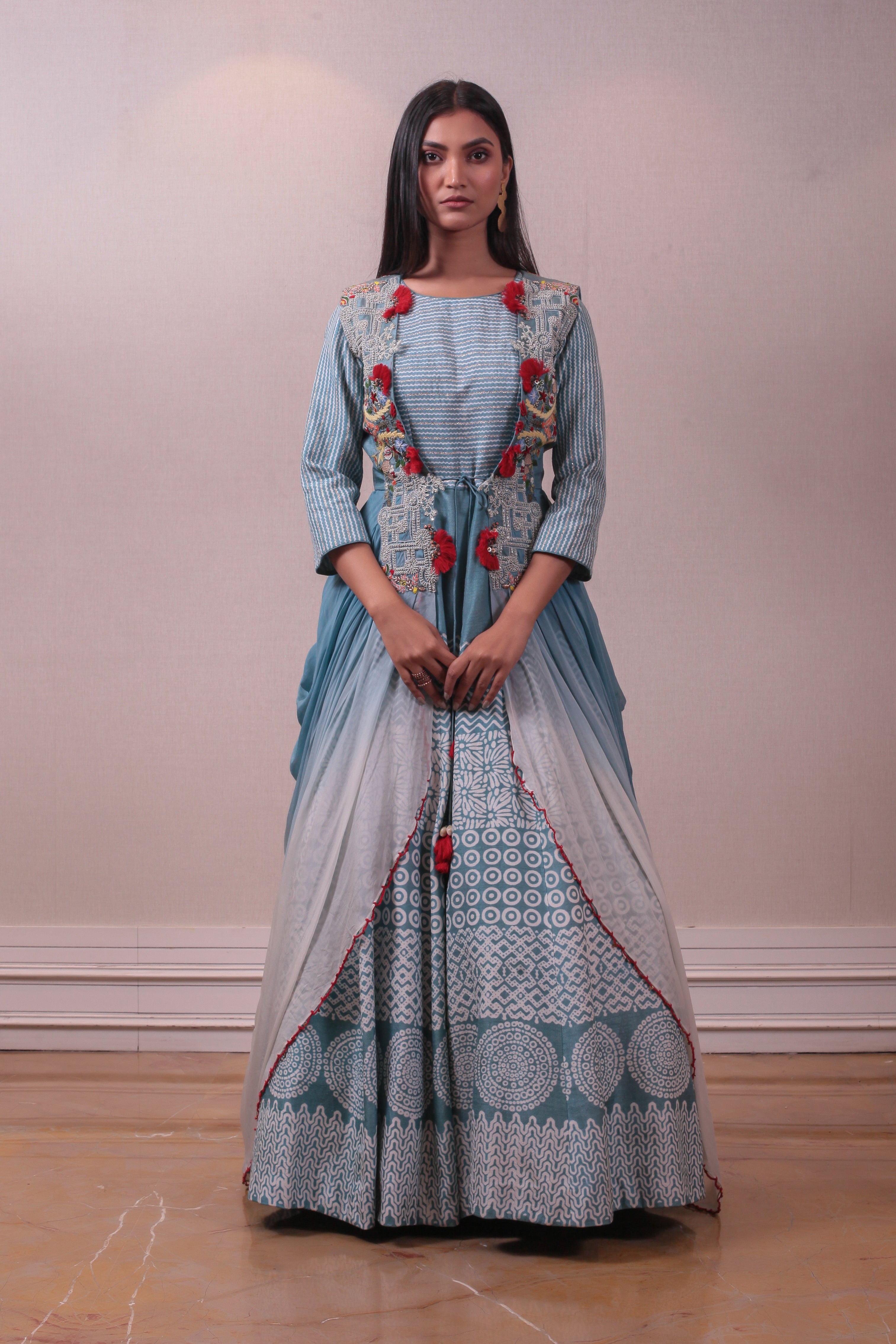 Designer Sky Blue Dress with Long Jacket – Simaaya