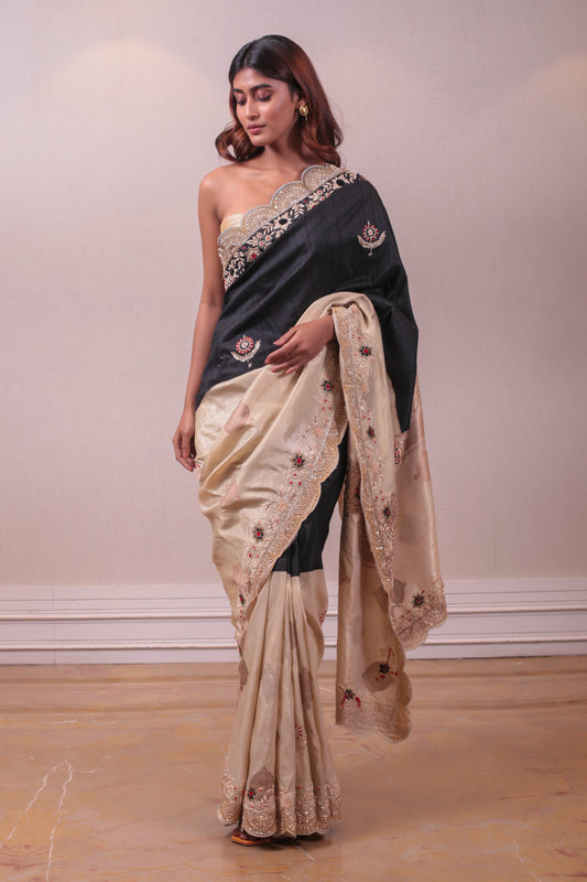 Designer Beige& Black Handloom Saree