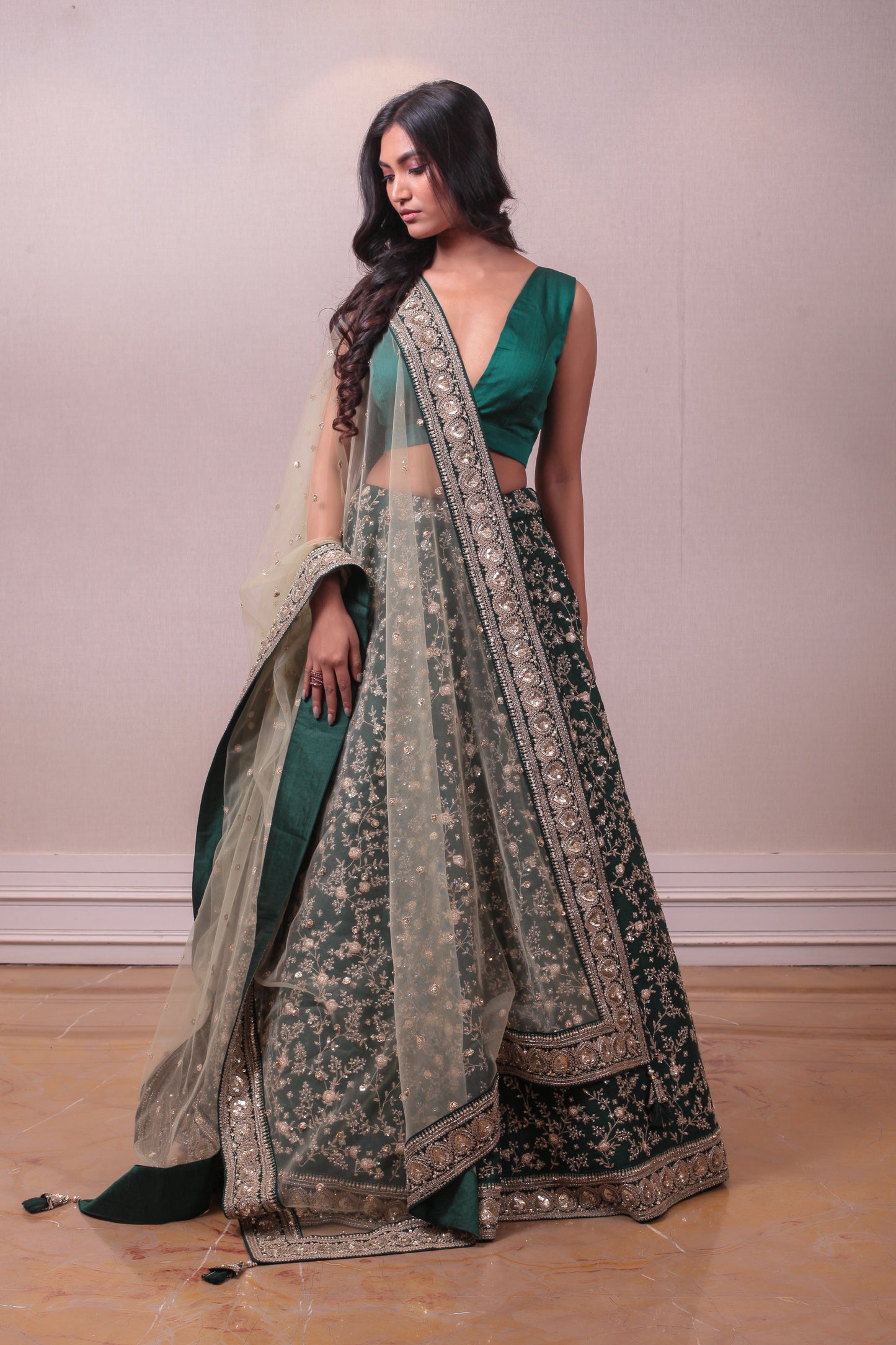 Designer Green Lehenga With Net Embedded Dupatta