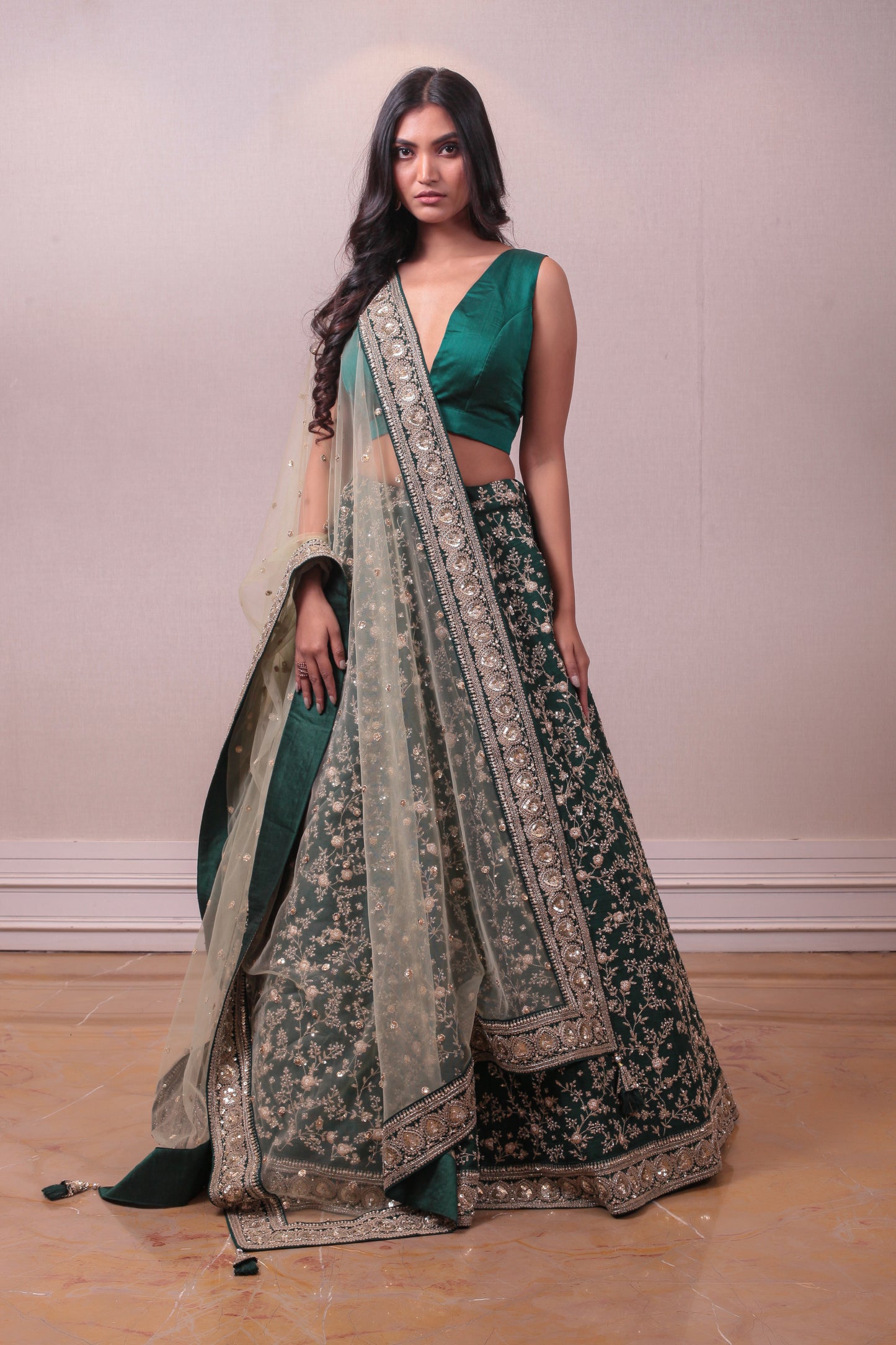 Designer Green Lehenga With Net Embedded Dupatta