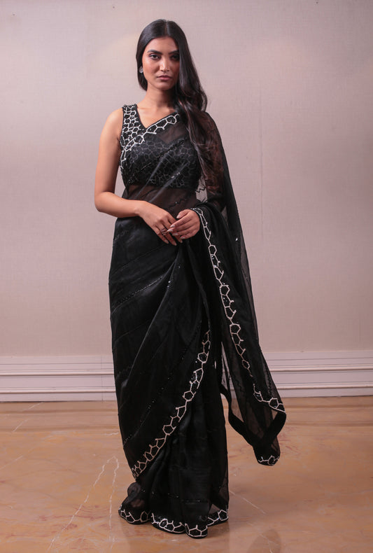 Designer Black Organza Embellished Saree