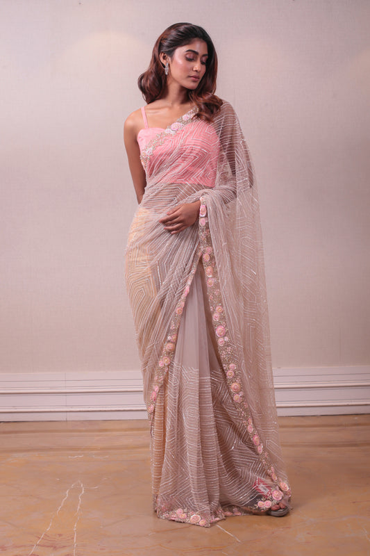 Designer Light pink Emerald Net Saree