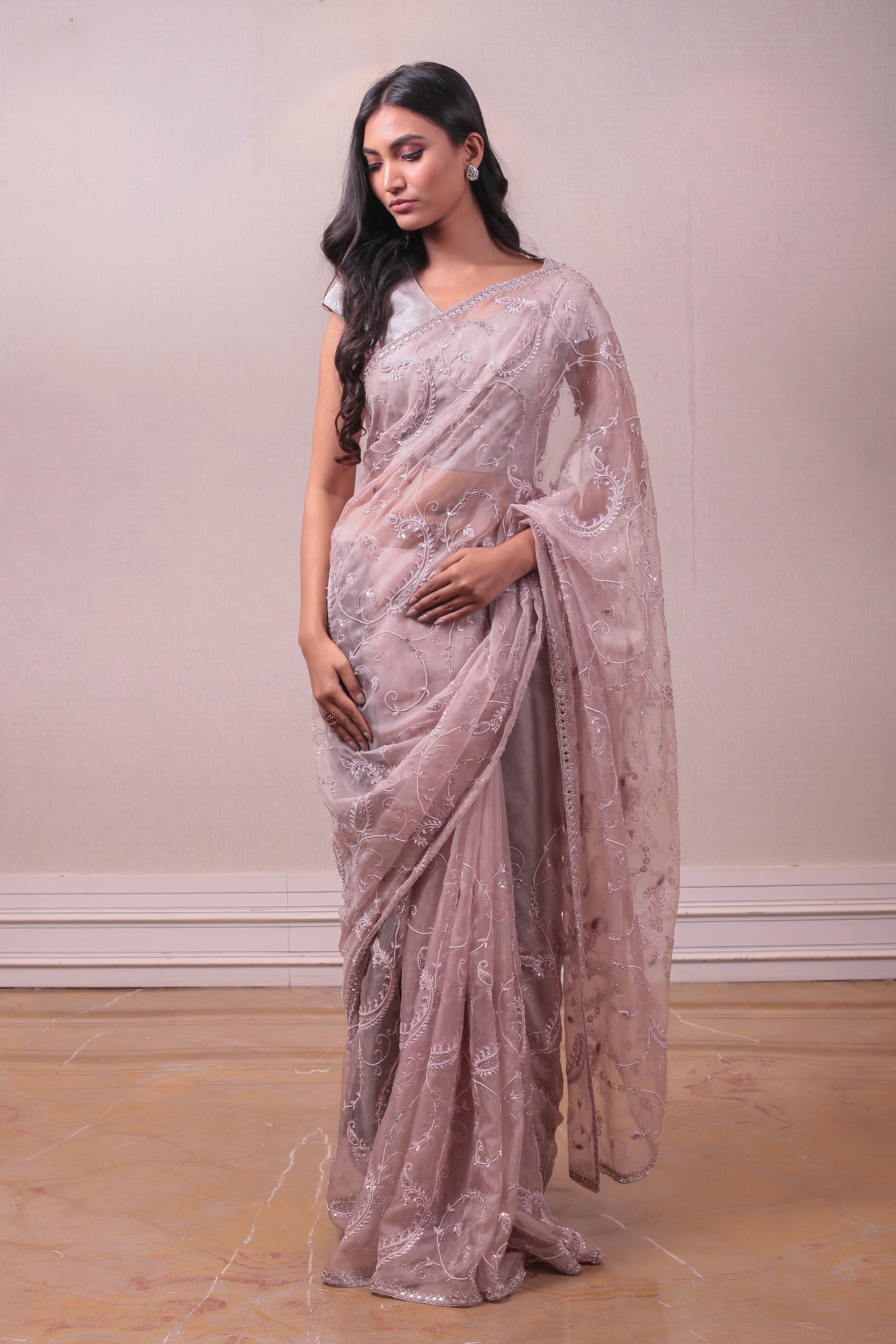 Designer Pastel Pink Organza Muslin Saree